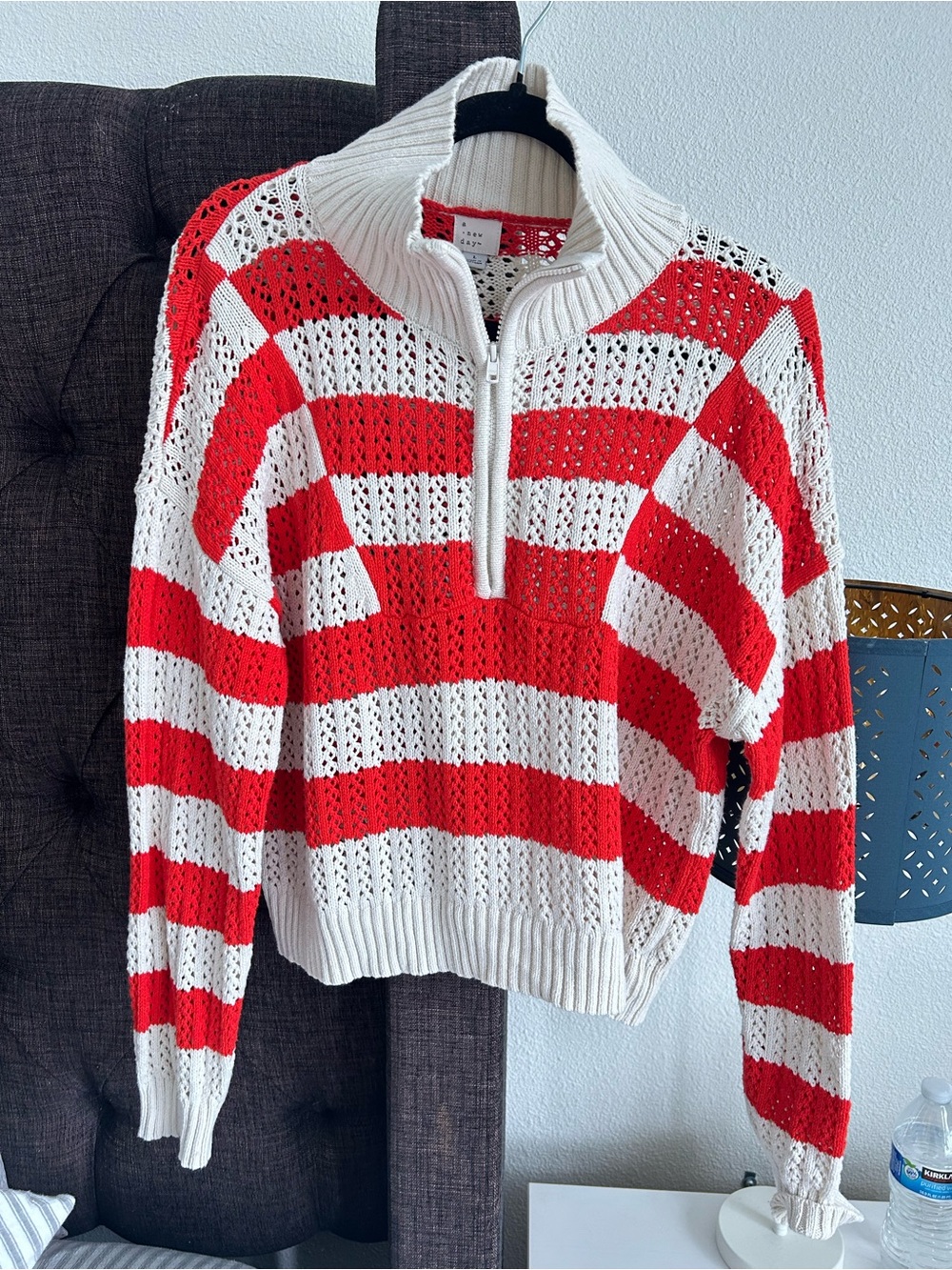 a new day Red & White Striped Half-Zip Open-Knit Sweater